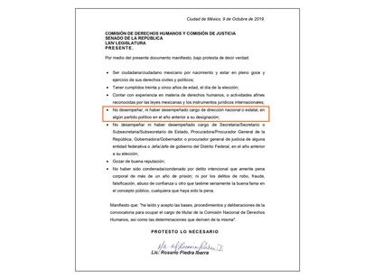 Un documento firmado por Rosario Piedra Ibarra en el que afirma cumplir los requisitos para postularse a la presidencia de la CNDH, en 2019.