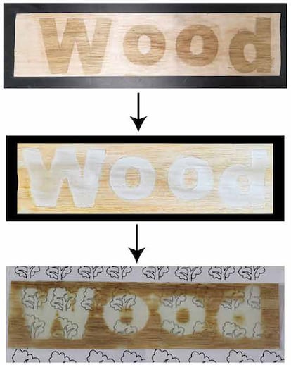 Científicos pintaron la palabra wood (madera en inglés) sobre una lámina de madera con peróxido de hidrógeno (arriba) y luego aplicaron luz ultravioleta que blanqueó las partes pintadas (centro). La infiltración de epoxi en la madera la hizo transparente (abajo); una lámina con un patrón transparente contrasta las secciones transparentes y opacas.