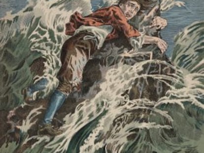 Ilustración de una edición francesa de 1900 de 'Robinson Crusoe'. Litografía de L Nehlig a partir de una ilustración de J. J Grandvillle.