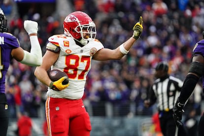 Kansas City Chiefs tight end Travis Kelce reacts after a catch from a pass by Kansas City Chiefs quarterback Patrick Mahomes against the Baltimore Ravens, in Baltimore, Maryland, on January 28.