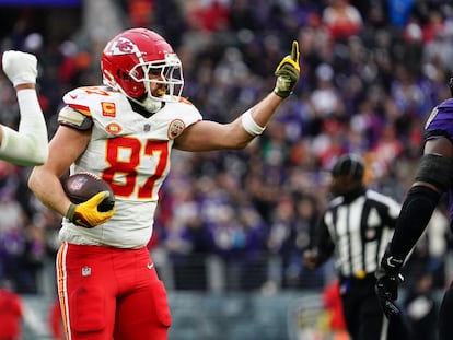 Kansas City Chiefs tight end Travis Kelce reacts after a catch from a pass by Kansas City Chiefs quarterback Patrick Mahomes against the Baltimore Ravens, in Baltimore, Maryland, on January 28.