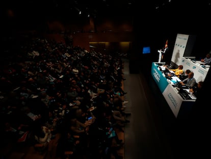 El secretario general de JxCat, Jordi Turull, durante su intervención en la reunión del consejo nacional del partido que se celebra este sábado en El Morell (Tarragona).