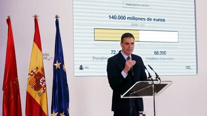 El presidente del Gobierno, Pedro Sánchez, durante la presentación del Plan de Recuperación, Transformación y Resiliencia de la Economía Española.