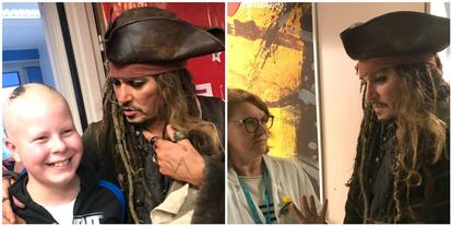 Johnny Deep, disfrazado del pirata Jack Sparrow, durante su visita a los niños del Instituto Curie en París. 
 
 