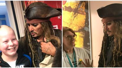 Johnny Deep, disfrazado del pirata Jack Sparrow, durante su visita a los niños del Instituto Curie en París. 
 
 