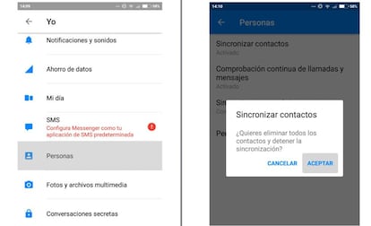 Configuración para borrar el historial de mensajes y llamadas de Facebook.