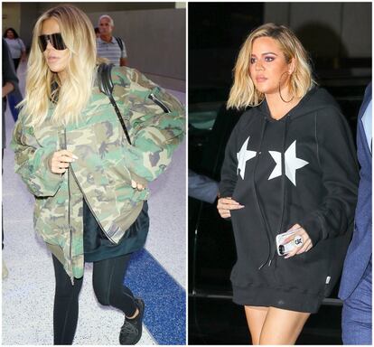 La ropa ancha ha pasado a ser uno de los estilismos más utilizados por Khoé Kardashian en sus salidas, conocedora de que siempre hay un paparazi a la espera de hacerle una foto. A la izquierda, el pasado 8 de diciembre en el aeropuerto de Los Ángeles y, a la derecha, a finales del mes de octubre por las calles de Nueva York.