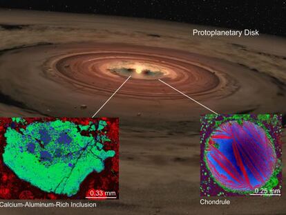 Ilustraci&oacute;n del proceso de formaci&oacute;n de fragmentos de roca ricos en aluminio y calcio (abajo, a la izquierda) y granos de condritas (derecha) sobre un disco protoplanetario.
