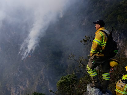 A firefighter observes a blaze on El Cable hill in Bogotá (Colombia) on January 26, 2024.