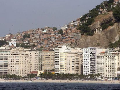 A favela behind a tourist area in Rio de Janiero.