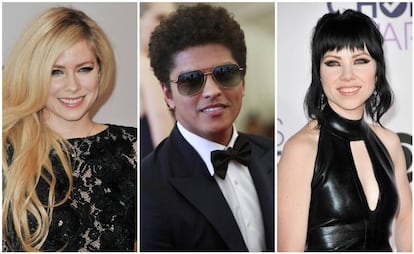 De izquierda a derecha: los cantantes Avril Lavigne, Bruno Mars y Carly Rae Jepsen.