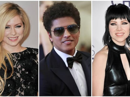 De izquierda a derecha: los cantantes Avril Lavigne, Bruno Mars y Carly Rae Jepsen.