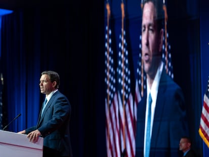 Republican presidential candidate Florida Gov. Ron DeSantis speaks during the Faith and Freedom Coalition Policy Conference in Washington, on June 23, 2023.