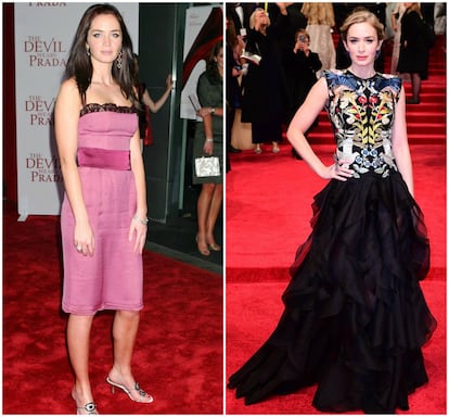 Emily Blunt en el estreno en Nueva York de la película ‘El diablo se vista de Prada’, la cinta que la lanzó a la fama, en junio de 2006. A la derecha, la actriz en los premios de la Academia birtánica de cine el pasado febrero.