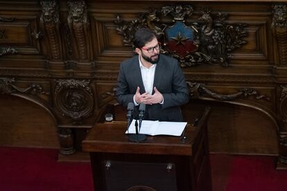 Gabriel Boric durante el discurso con el que ha dado inicio la ceremonia de instalación del Consejo Constitucional.