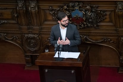 Gabriel Boric durante el discurso con el que ha dado inicio la ceremonia de instalación del Consejo Constitucional.