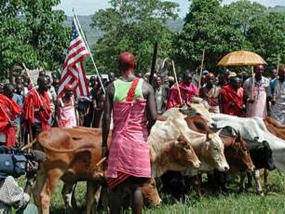 Varios massai ofrecen en Enoosaen (Kenia) 14 vacas a diplomáticos de EE UU para conmemorar los ataques del 11-S.