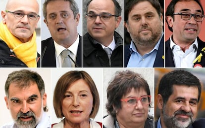 Los procesados por el procés en prisión. Desde arriba, de izquierda a derecha, Raül Romeva, Joaquim Forn, Jordi Turull, Oriol Junqueras, Josep Rull. En la segunda fila, Jordi Cuixart, Carme Forcadell, Dolors Bassa y Jordi Sànchez