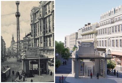 El templete original de Palacios en la estación de Gran Vía, y la reproducción de cómo quedará cuando finalice la obra.