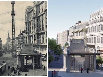 El templete original de Palacios en la estación de Gran Vía, y la reproducción de cómo quedará cuando finalice la obra.