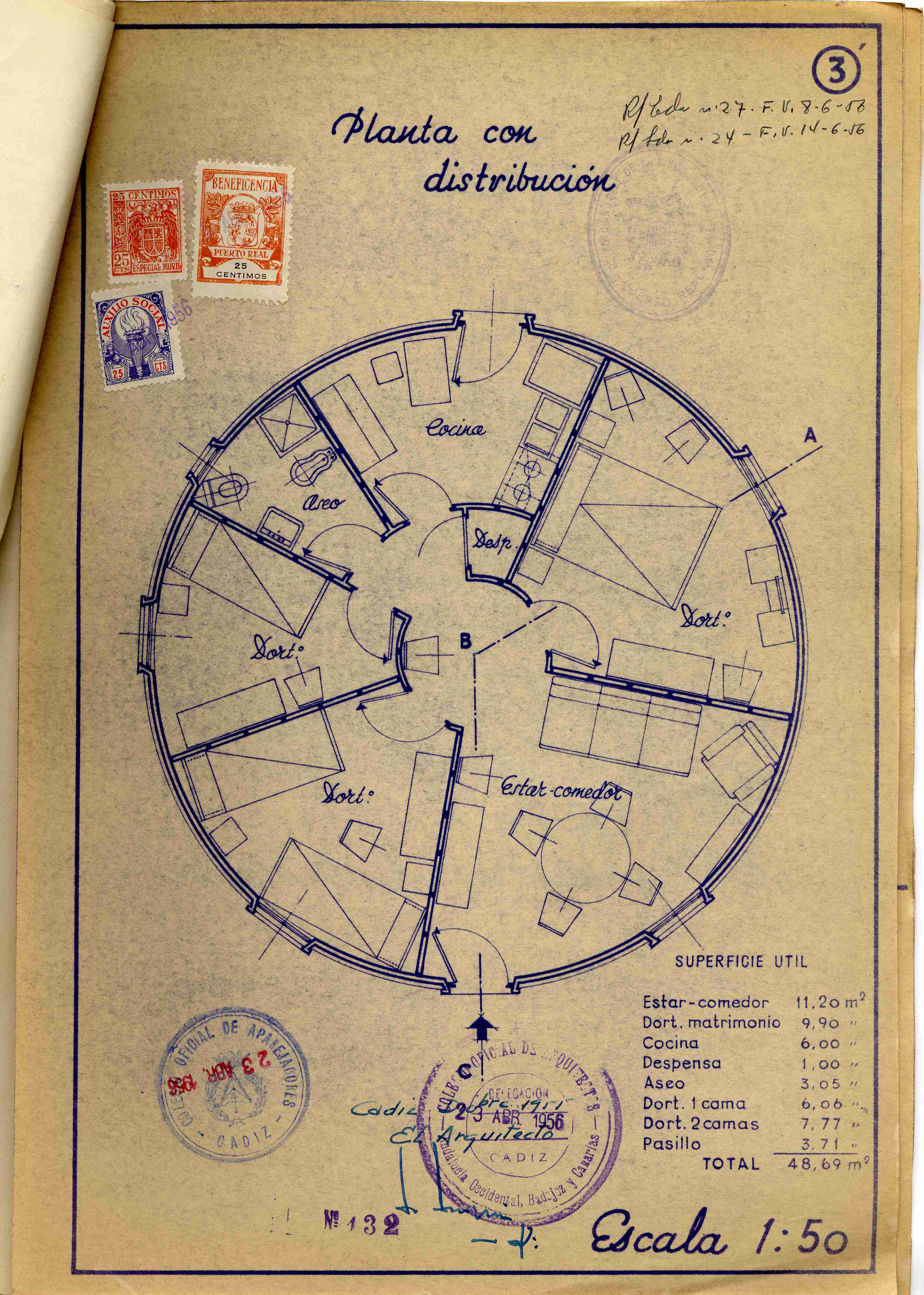 Plano de una de las Viviendas Vicam o Casas del Ingeniero, del Barrio Jarana (Puerto Real), conservado en el Archivo Municipal de la localidad