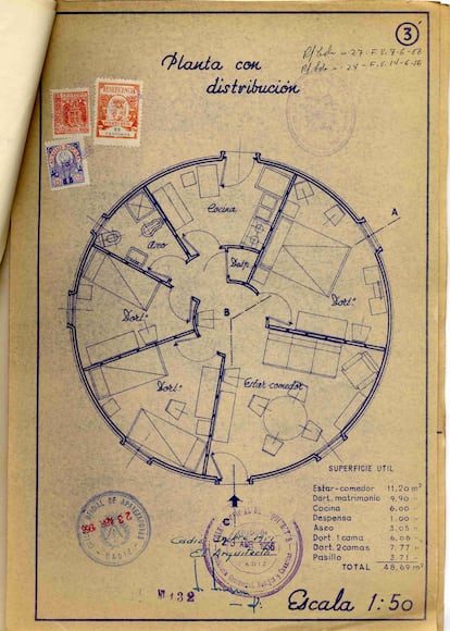 Plano de una de las Viviendas Vicam o Casas del Ingeniero, del Barrio Jarana (Puerto Real), conservado en el Archivo Municipal de la localidad