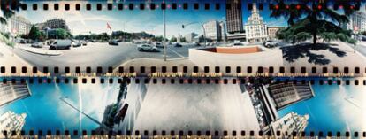 Fotografía de la plaza madrileña de Colón. Todas las fotografías de este reportaje han sido tomadas con la cámara analógica <a href="http://microsites.lomography.es/spinner-360/" target="_blank">Spinner 360 de Lomo</a> .