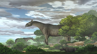 Interpretación artística del rinoceronte gigante ('Paraceratherium linxiaense') realizada por la Academia de Ciencias de China.