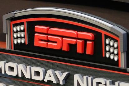 The ESPN logo is seen, Sept. 16, 2013.