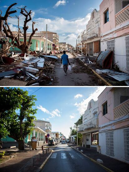En la fotografía de arriba un hombre pasea por una calle llena de escombros después del paso del huracán Irma, el 8 de septiembre de 2017, en la parte francesa de la isla caribeña de San Martín. En la imagen de abajo, la misma calle sin los escombros, el 28 de febrero de 2018.