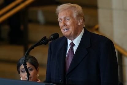 President Donald Trump delivers remarks during inauguration ceremonies at the U.S. Capitol in Washington, on Jan. 20, 2025. 