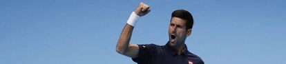 Djokovic celebra el primer set frente a Raonic.