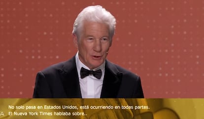 Un momento de la retransmisin del discurso de Richard Gere, subtitulado, en la gala de los Premios Goya en La 1 de RTVE.