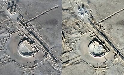 Imágenes tomadas por satélites que muestran los daños en el teatro romano y en el Tetrapilón de Palmira (Siria). La foto de la izquierda fue obtenida el 26 de diciembre de 2016; la de la derecha, el pasado 10 de enero.