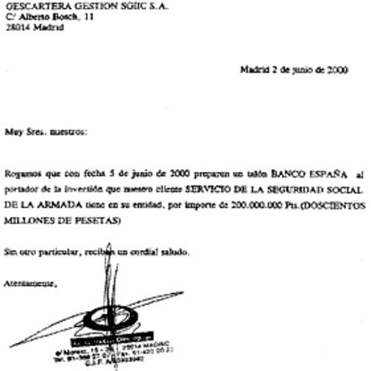 Documento en el que Gescartera ordena devolver a la Armada 200 millones.