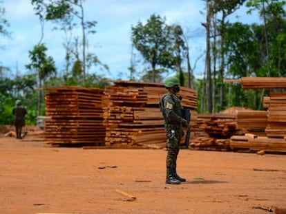 Soldado do Exército em frente a uma pilha de tábuas apreendidas na Operação Verde Brasil 2 em Roraima.