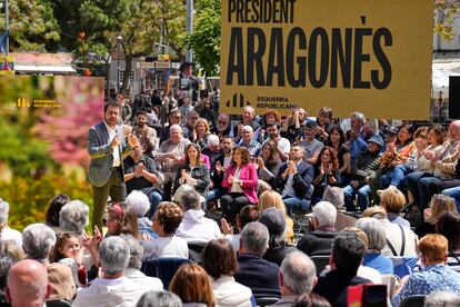 El presidente de la Generalitat y candidato de ERC a la reelección, Pere Aragonès interviene en el acto celebrado en su pueblo, Pineda de Mar (Barcelona)