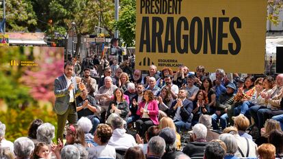 El presidente de la Generalitat y candidato de ERC a la reelección, Pere Aragonès interviene en el acto celebrado en su pueblo, Pineda de Mar (Barcelona).