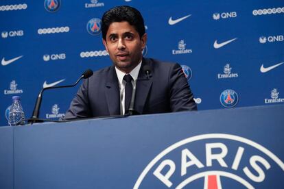 Al-Khelaifi, presidente del PSG, durante una rueda de prensa.