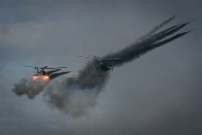 Helicópteros militares rusos participan en uno de los simulacros Vostok-2018, el 13 de septiembre.
