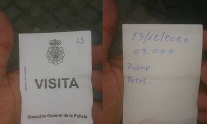 Foto cedida por la abogada de inmigración Mariale Mikelson en la que se observa uno de los resguardos que la policía le dio este martes a uno de los inmigrantes en cola, con cita para el 23 de diciembre de 2020 a las 09:00 horas.