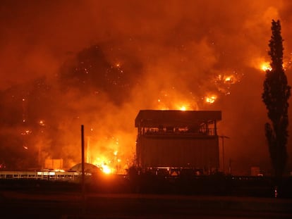 El fuego cerca los alrededores de la planta termal de Kemerkoy en Milas, en la provincia turca de Mugla, en la noche de miércoles al jueves.