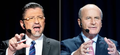 Los candidatos presidenciales Rodrigo Chaves y el expresidente José María Figueres durante un debate el 29 de marzo, en San José, Costa Rica.