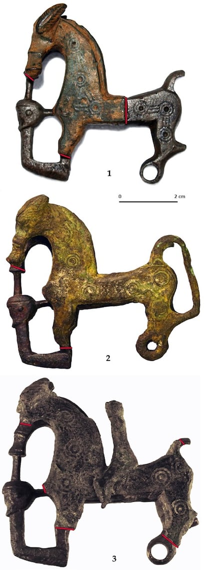 Comparación de las fíbulas halladas en Arcóbriga, Paredes de Nava y El Tercio. Las líneas rojas indican las
fracturas.