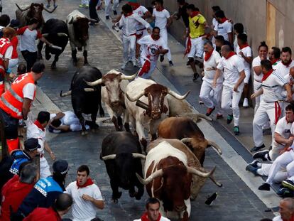  Los toros de la ganadería gaditana de Núñez del Cuvillo suben por la cuesta de Santo Domingo.