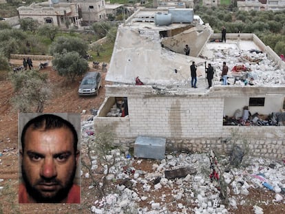 Los edificios tras el ataque y la imagen del líder del ISIS.