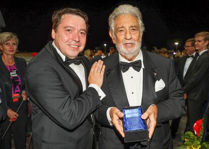 Plácido Domingo en la ceremonia donde recibió el premio por su trayectoria, en el Festival de Salzburgo, este jueves.