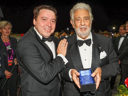 Plácido Domingo en la ceremonia donde recibió el premio por su trayectoria, en el Festival de Salzburgo, este jueves.