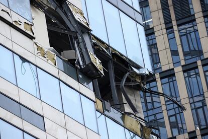 A view shows the damaged facade of an office building in the Moscow City following a reported Ukrainian drone attack in Moscow, Russia, July 30, 2023.