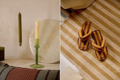 Varias de las piezas de Mango Home con las que Val ha decorado su vivienda: portavelas, textiles y zapatillas de la colección de ropa de casa.